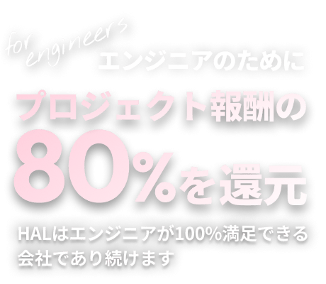 エンジニアのためにプロジェクト報酬の80%を還元 HALはエンジニアが100%満足できる
会社であり続けます